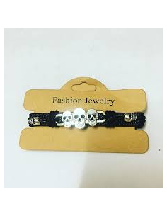 PULSERA CUERO CALAVERAS PLATA